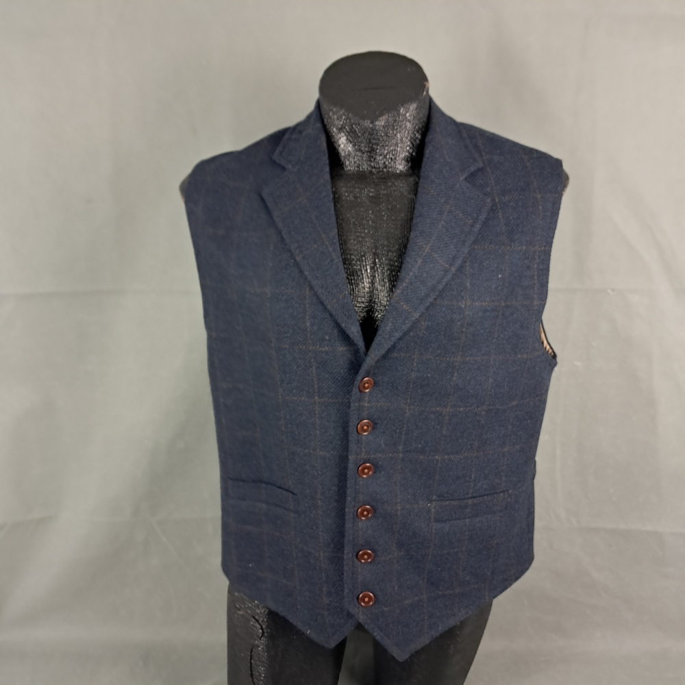 Orvis Tweed Waistcoat Vest Mens Large BluNavy Blue Plaid Vest with Brown Buttons